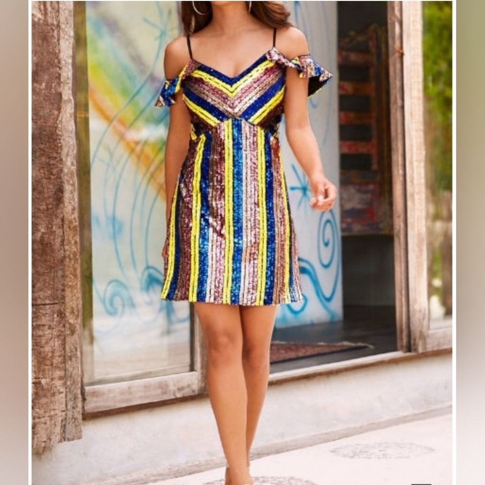 Boston Proper Sequin Colorblock Off Shoulder Cocktail Party Mini Dress Size 2
